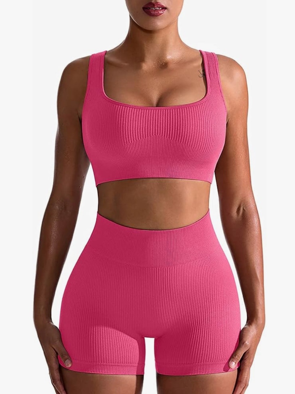 Seamless Ribbed Workout Set - Coral Pink
